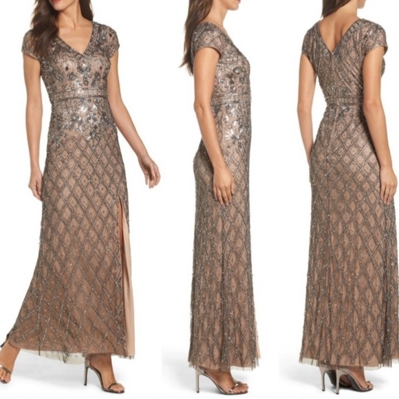 Adrianna Papell Embroidery Sequin Beading Evening Gown - Picture 3 of 10